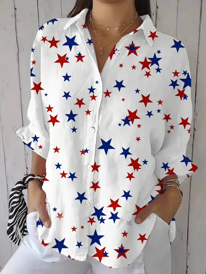 Women's Fashion Casual Independence Day Star Print Casual Shirt
