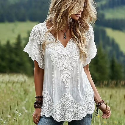 Women's Vintage Celtic Knot Floral Art Linen Blend Short Sleeve Tops