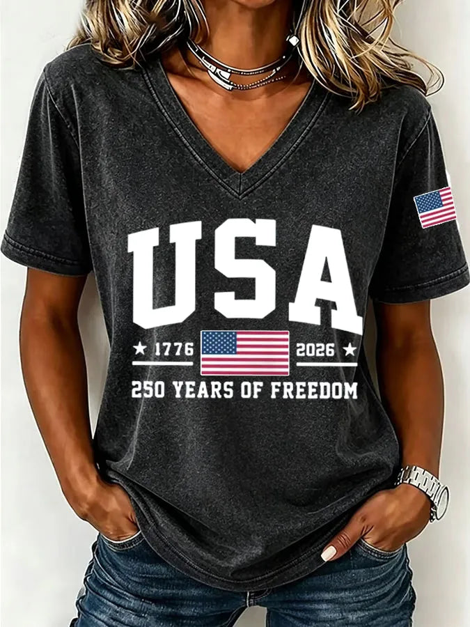 Women's America Flag Floral Print Casual V-Neck T-Shirt