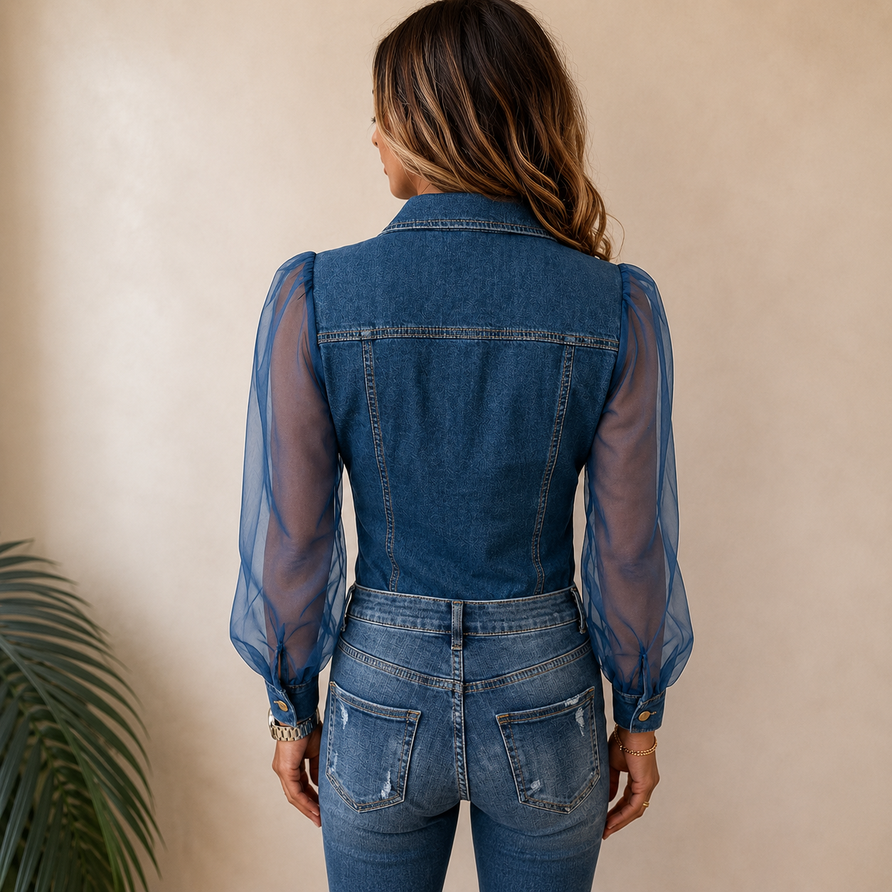 Aviana™ | Chic Denim Mesh Sleeve Blouse