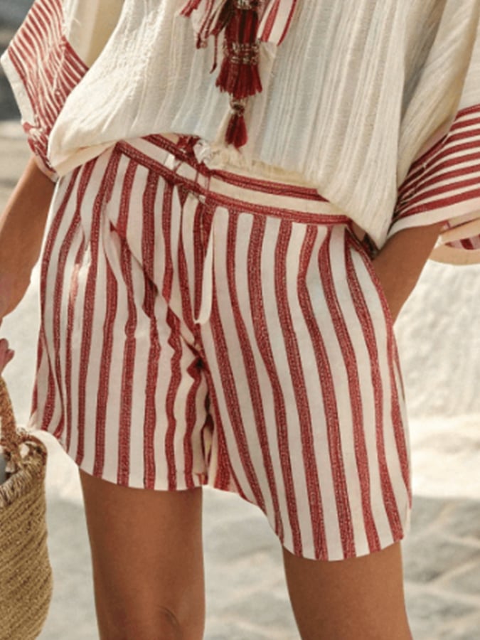 Women'S Loose Striped Scarf Holiday Shorts Set
