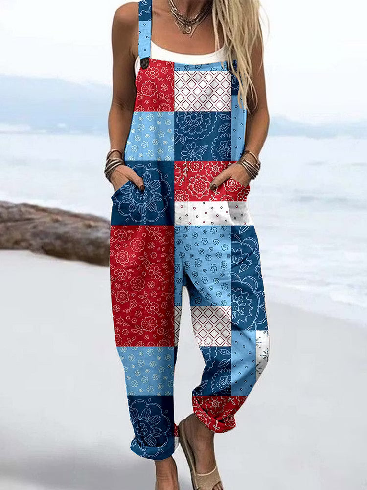Wome'S Red And White Orchid Irregular Geometric Floral Pattern Print Casual Cotton Wide Leg Jumpsuit