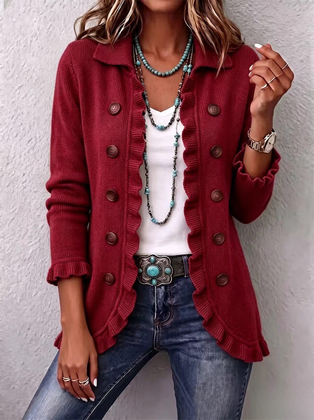 Rosalía | Ruby Red Knit Jacket with Ruffles
