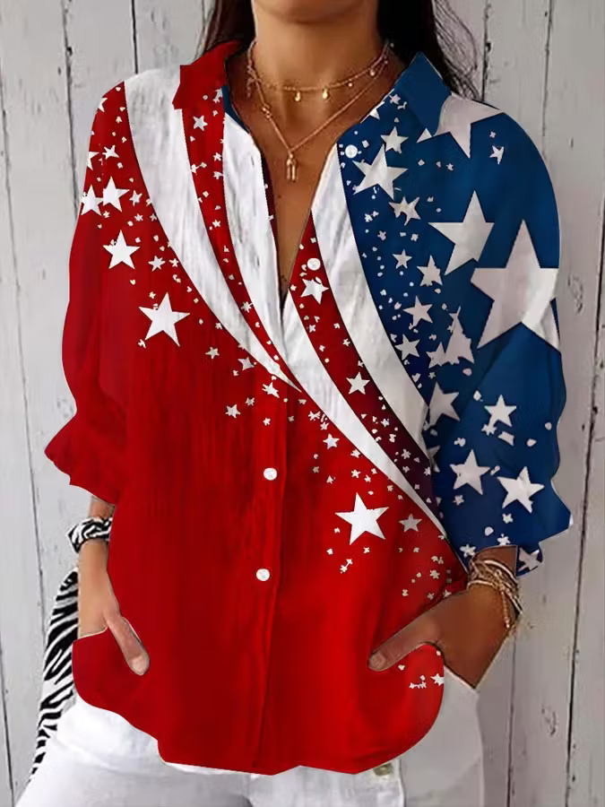 Women's Independence Day Star Pattern Casual Lapel Shirt
