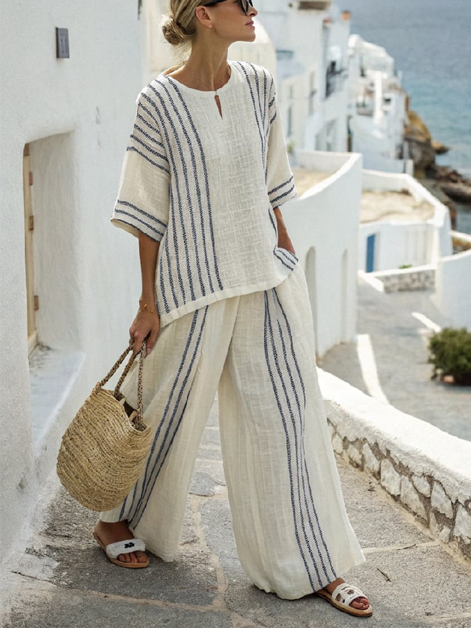 Women'S Loose Slit Contrast Striped Pants Set