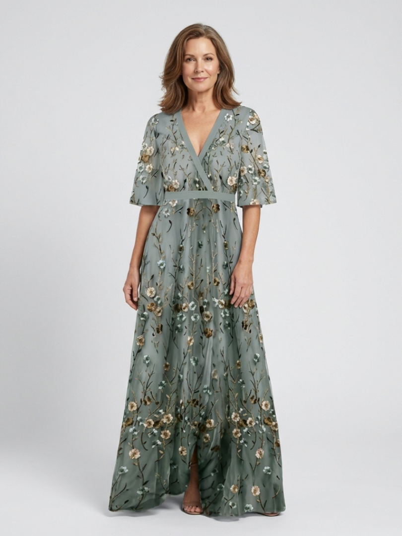 Lindsey™ | Floral V Neck Short Sleeve Maxi Dress