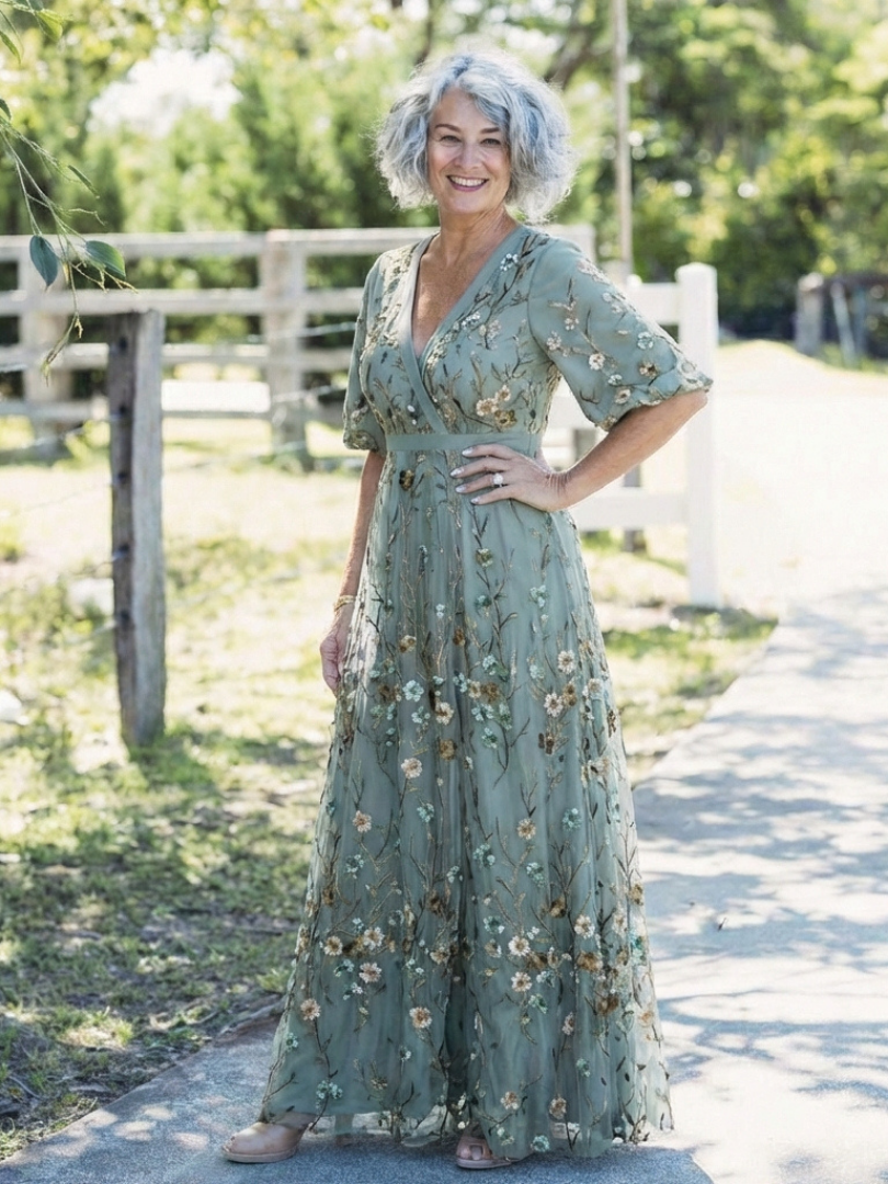 Lindsey™ | Floral V Neck Short Sleeve Maxi Dress