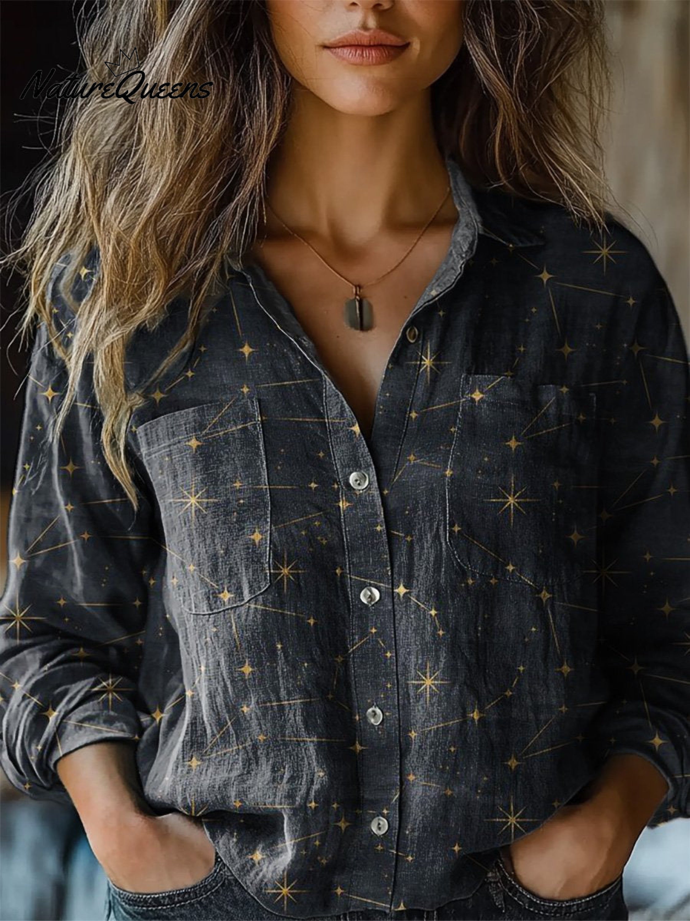 Night Sky And Star Pattern Printed Women's Casual Long Sleeve Comfortable Cotton Shirt