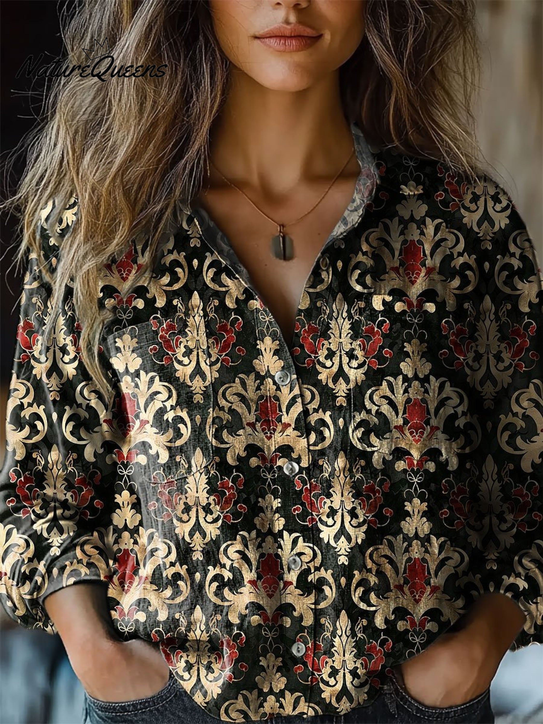 Women's Retro Flowers Print Casual Long Sleeve Comfortable Cotton Shirt