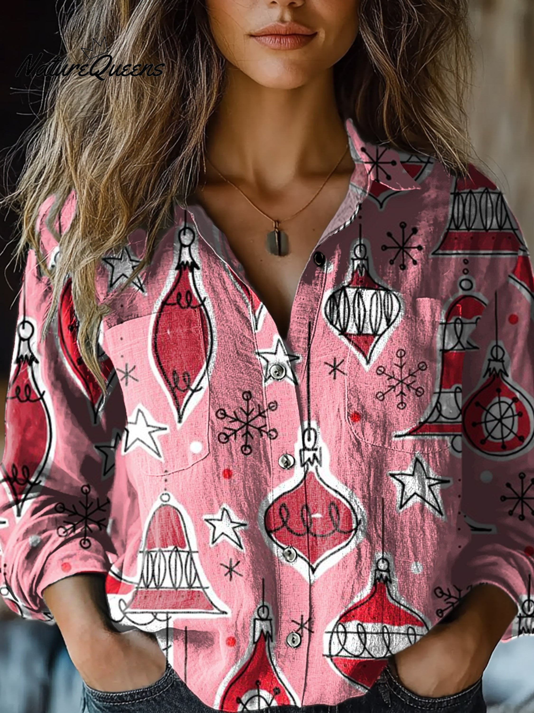 Women's Pink Christmas Vintage Decoration Art Print Casual Long Sleeve Comfortable Cotton Shirt