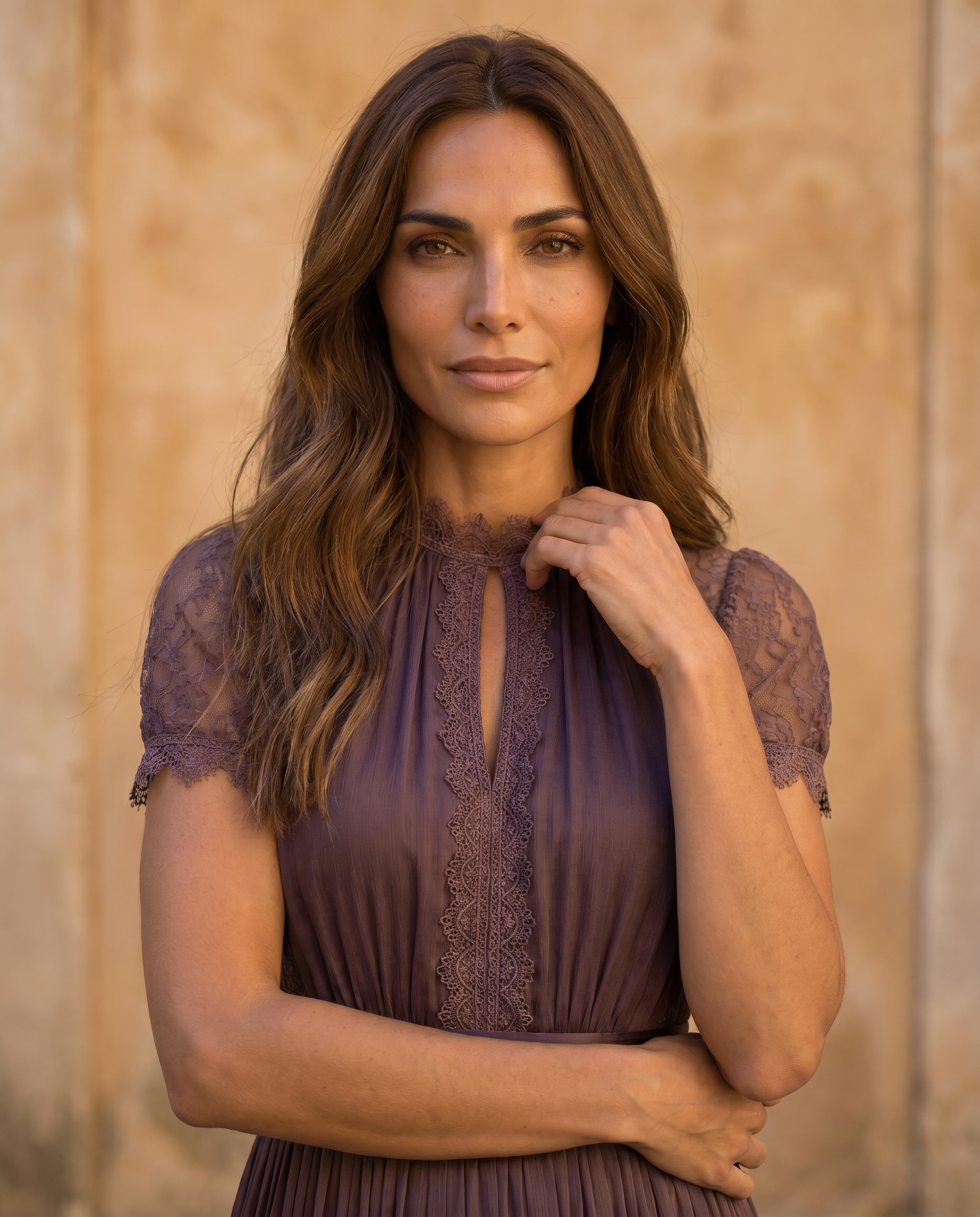 Flavia | Long purple dress with keyhole neckline, chiffon lace trim