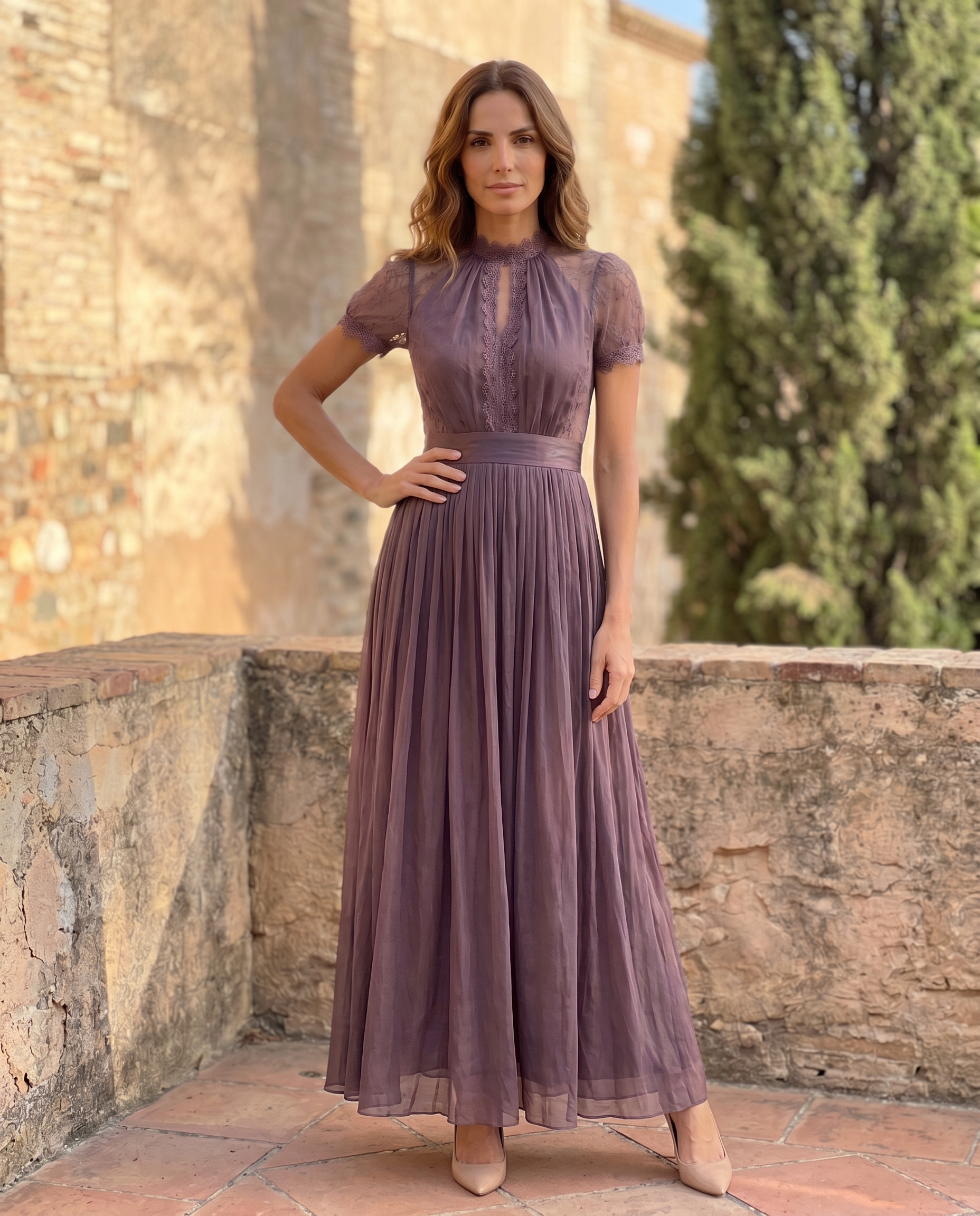 Flavia | Long purple dress with keyhole neckline, chiffon lace trim