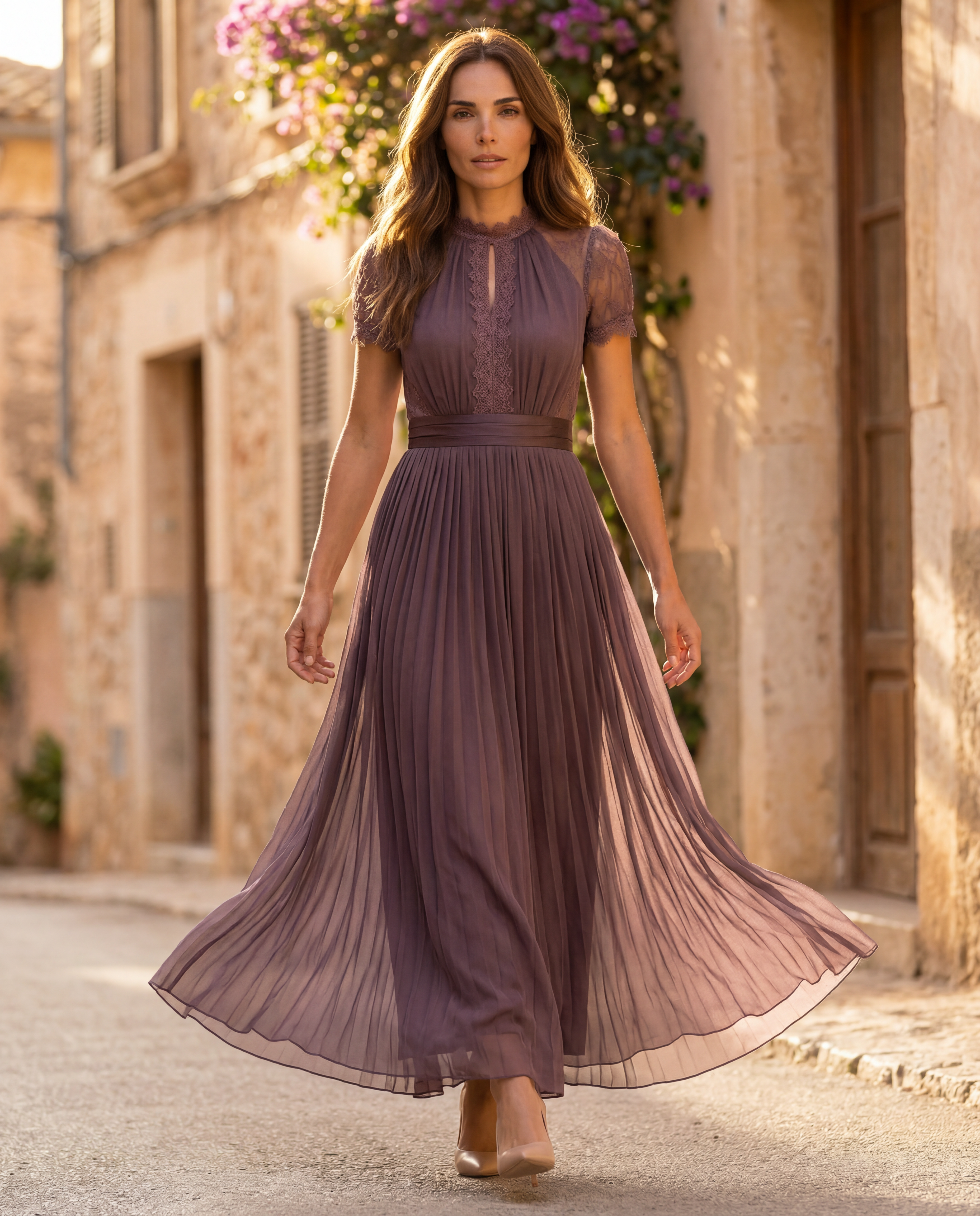 Flavia | Long purple dress with keyhole neckline, chiffon lace trim