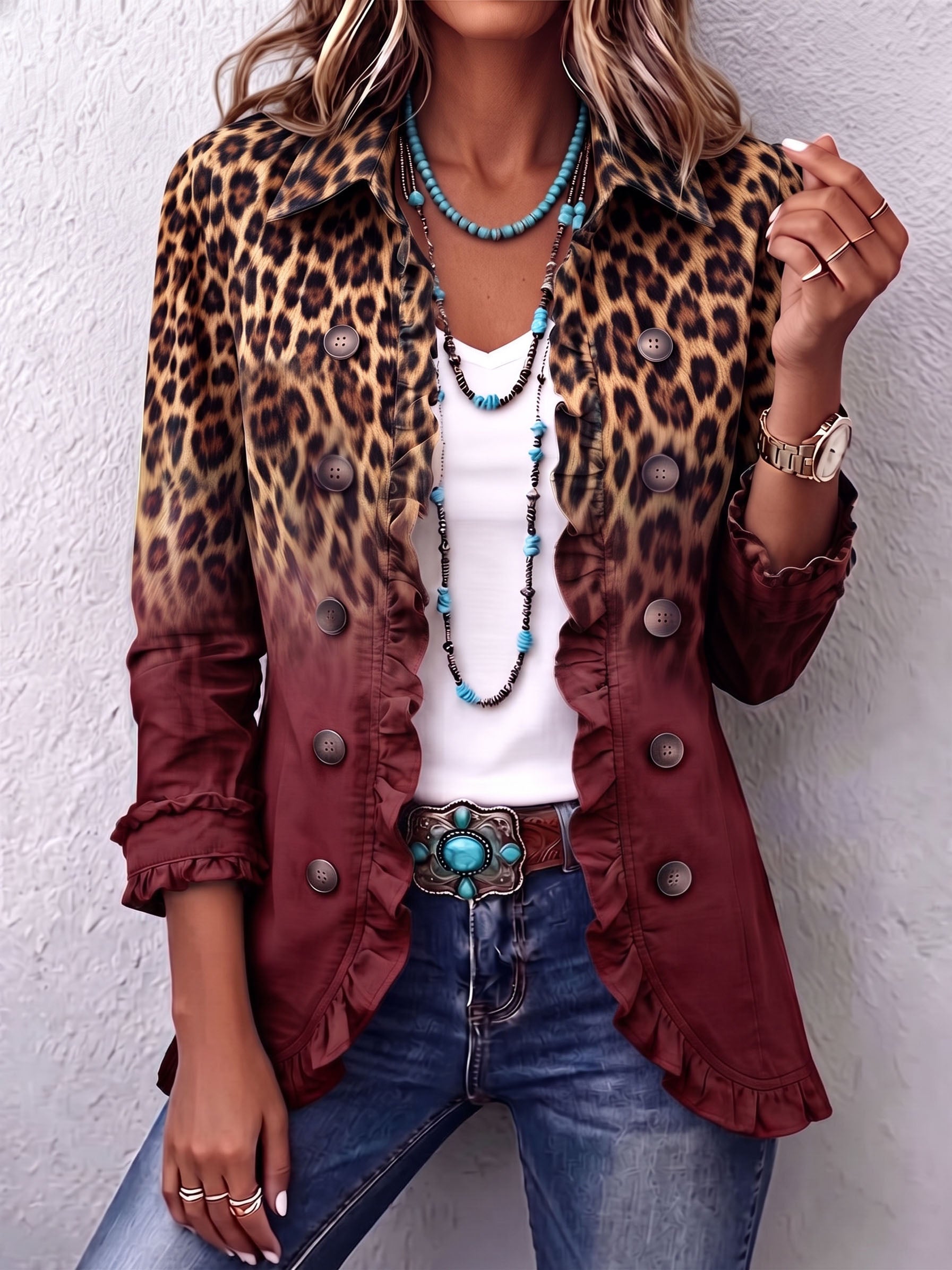 Tomasa | Wine Leopard Blazer Jacket with Ruffles