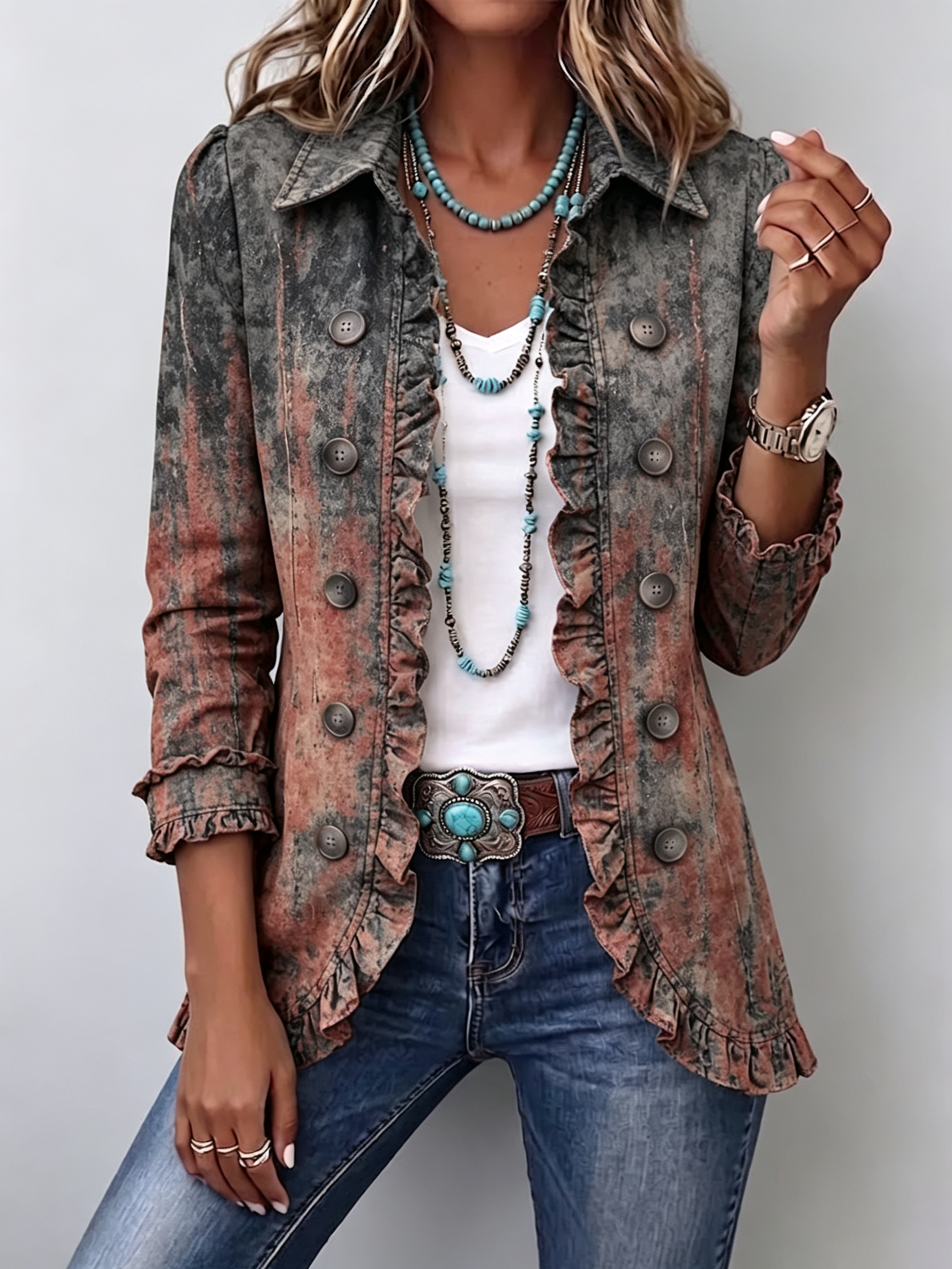 Benita | Textured Gradient Jacket with Ruffles