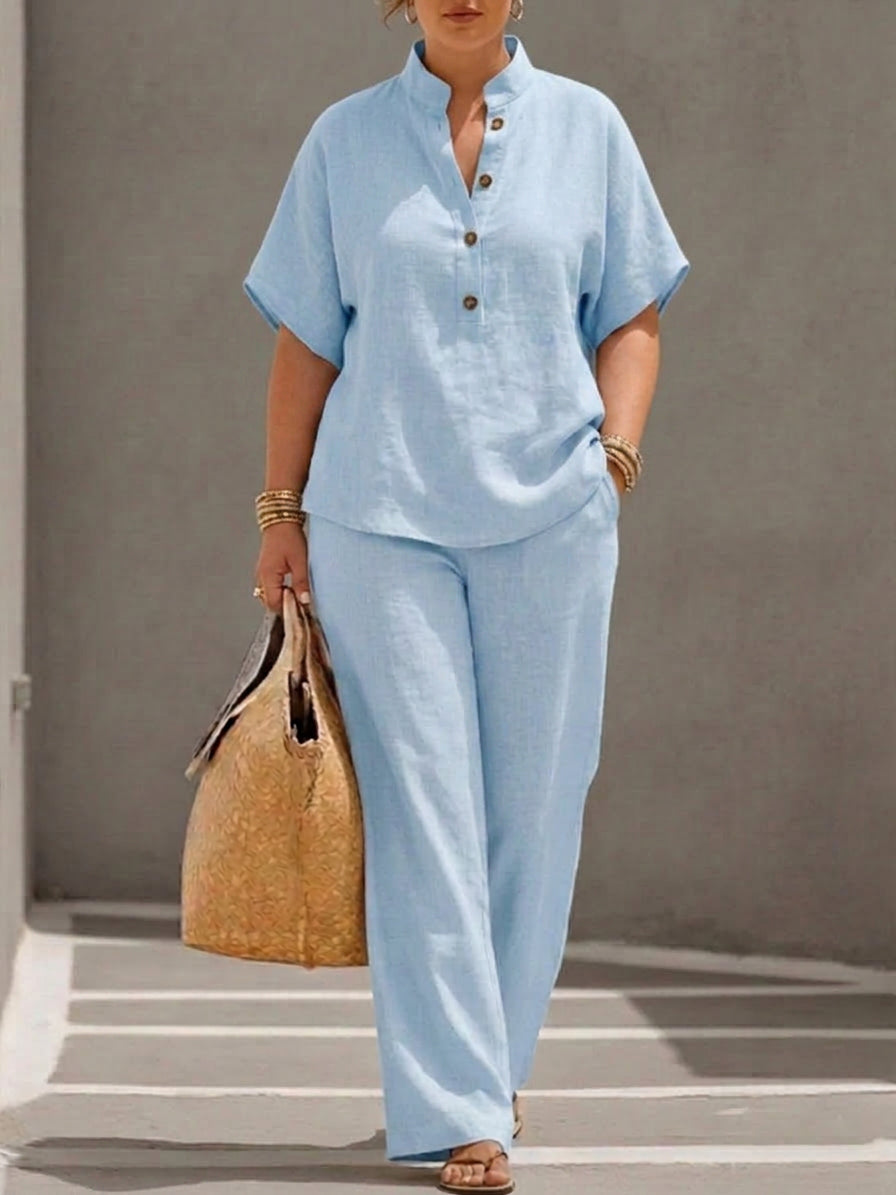Wanda | Co-ord Set Two-Piece Linen-Effect With Batwing Sleeves & Trousers Flowing