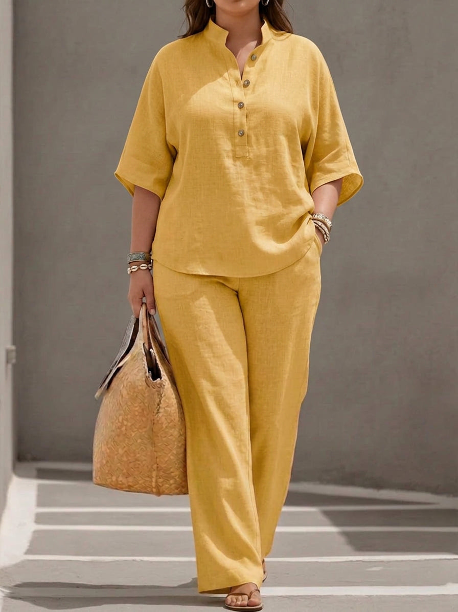 Wanda | Co-ord Set Two-Piece Linen-Effect With Batwing Sleeves & Trousers Flowing