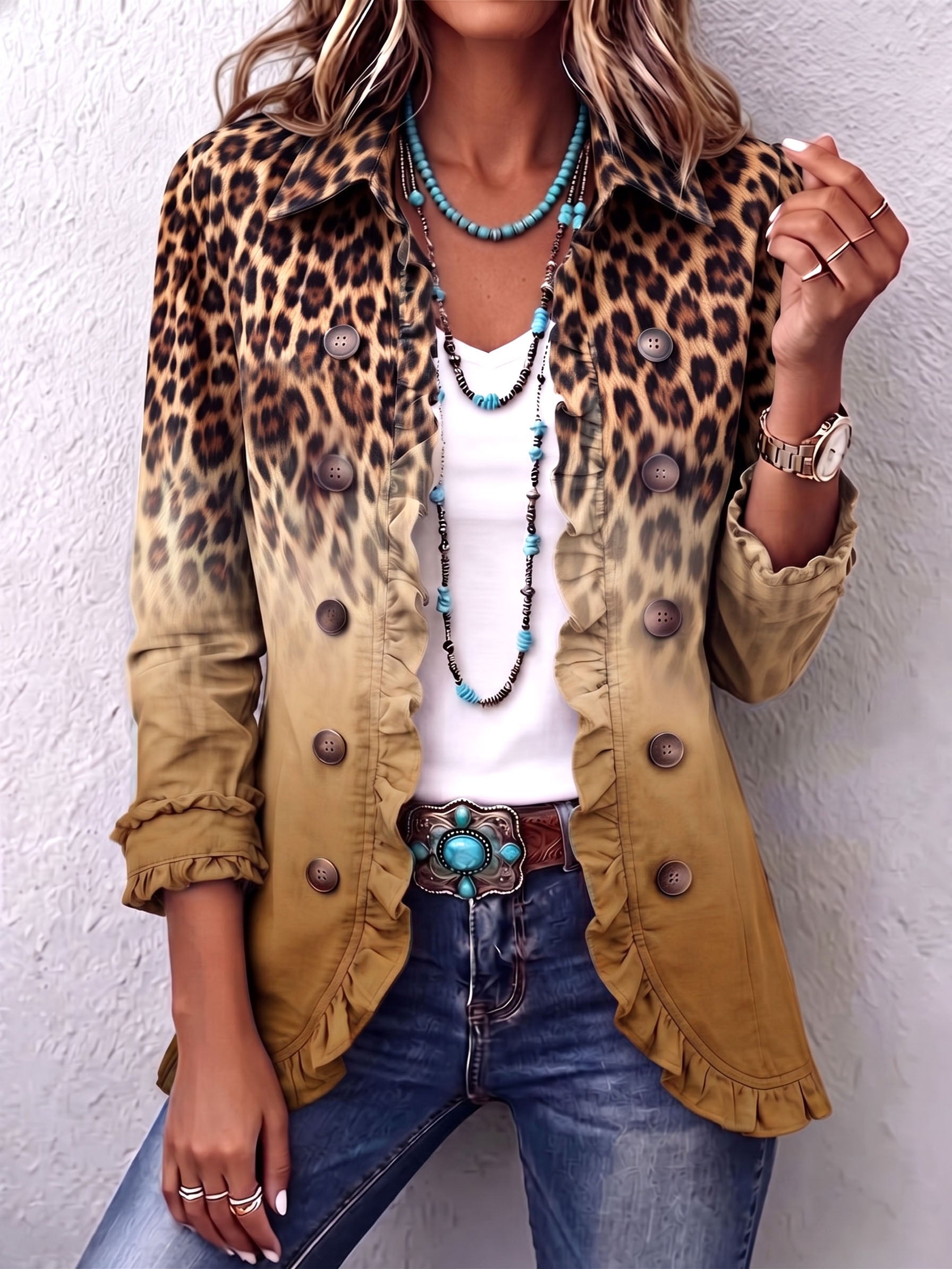 Reyes | Ochre Leopard Blazer Jacket with Ruffles