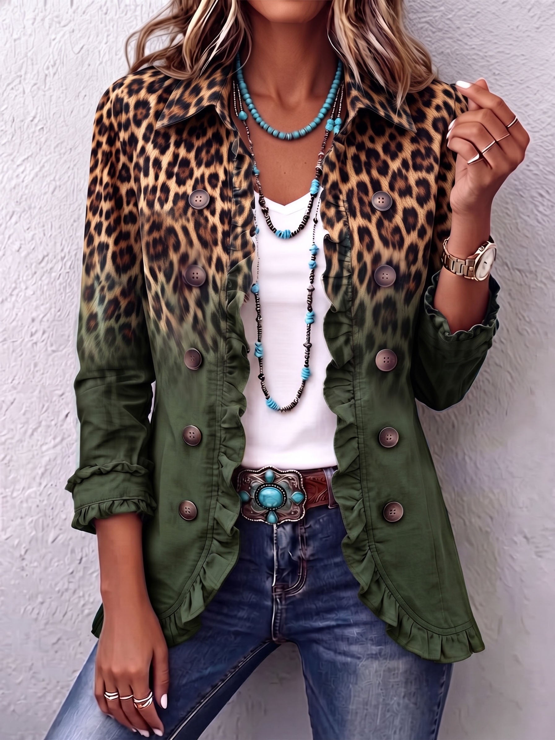 Ramona | Green Leopard Blazer Jacket with Ruffles