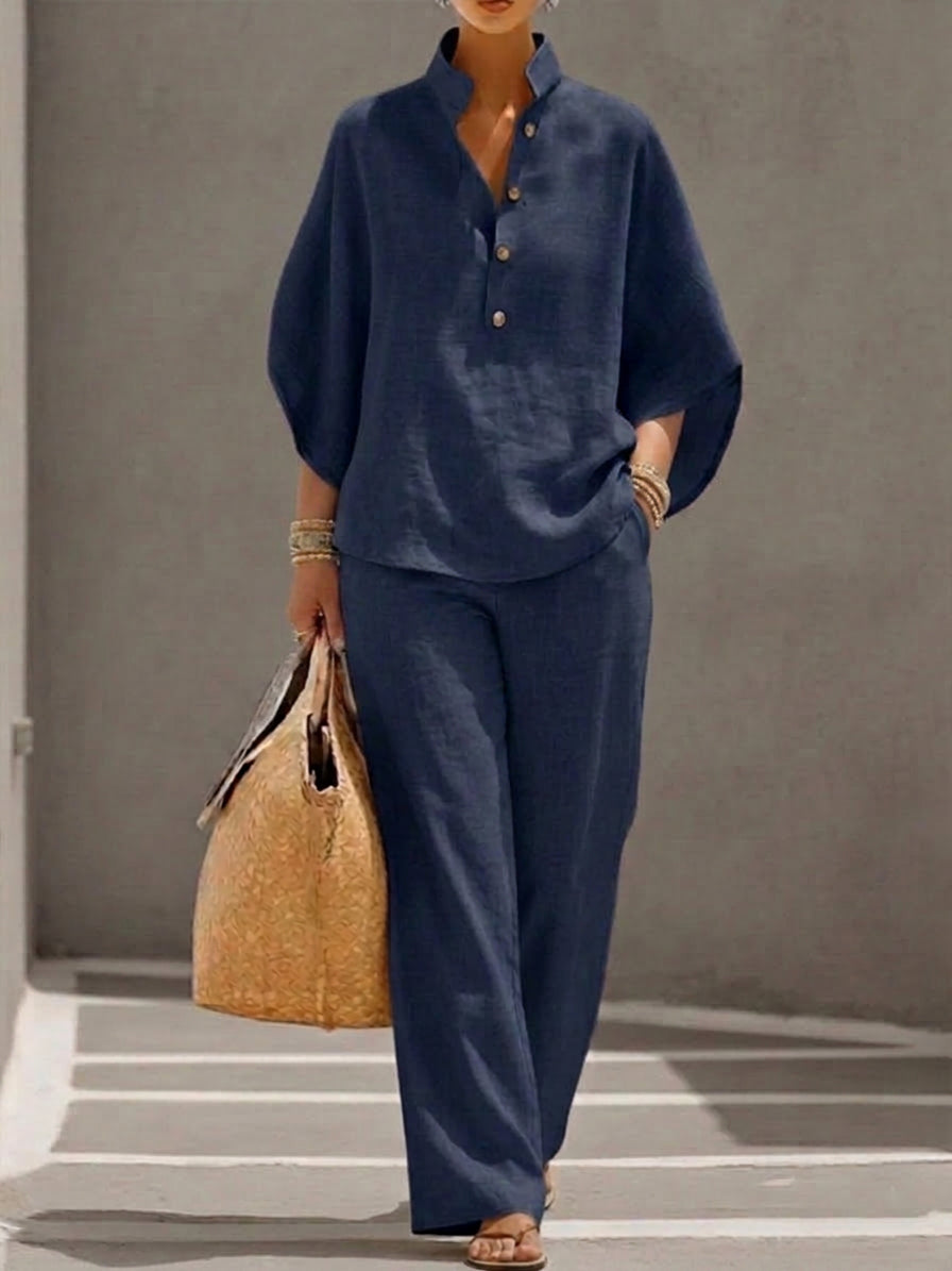 Wanda | Co-ord Set Two-Piece Linen-Effect With Batwing Sleeves & Trousers Flowing