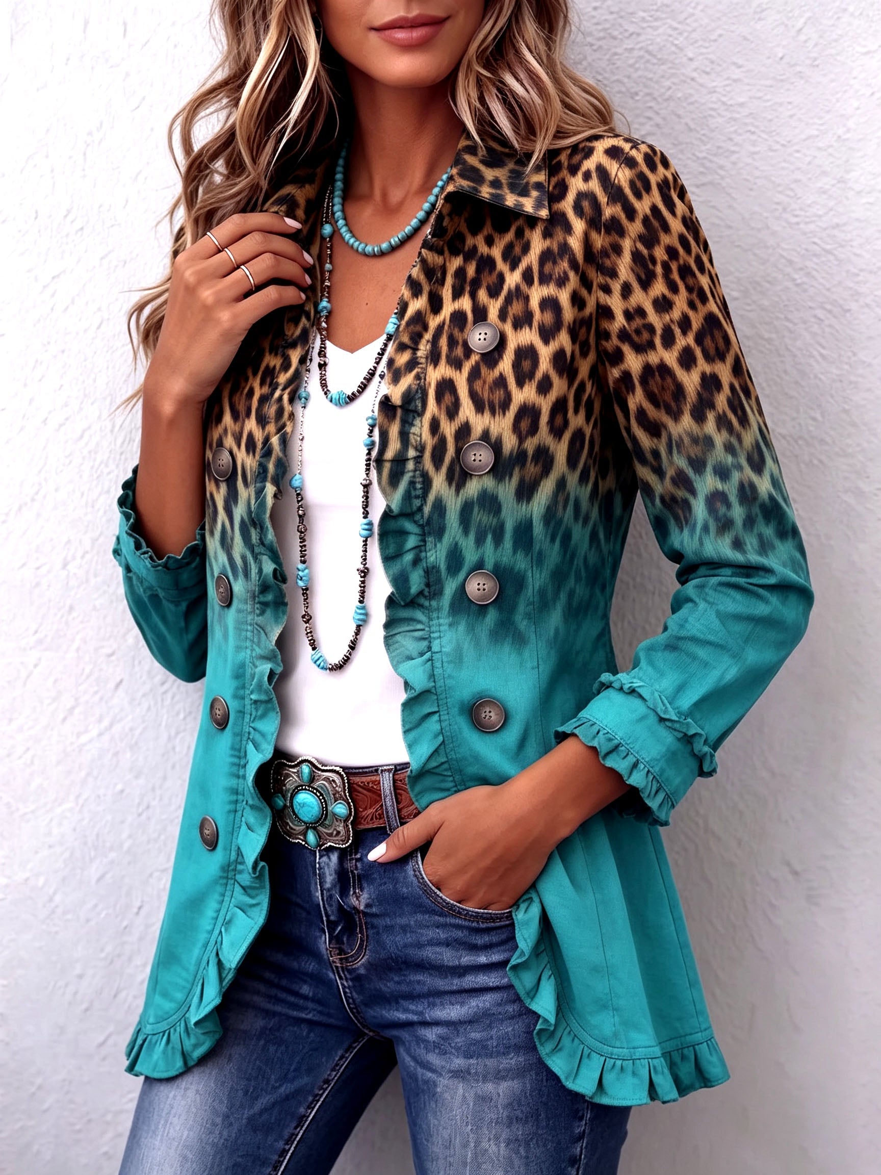 Mercedes | Leopard Gradient Blazer Jacket with Ruffles