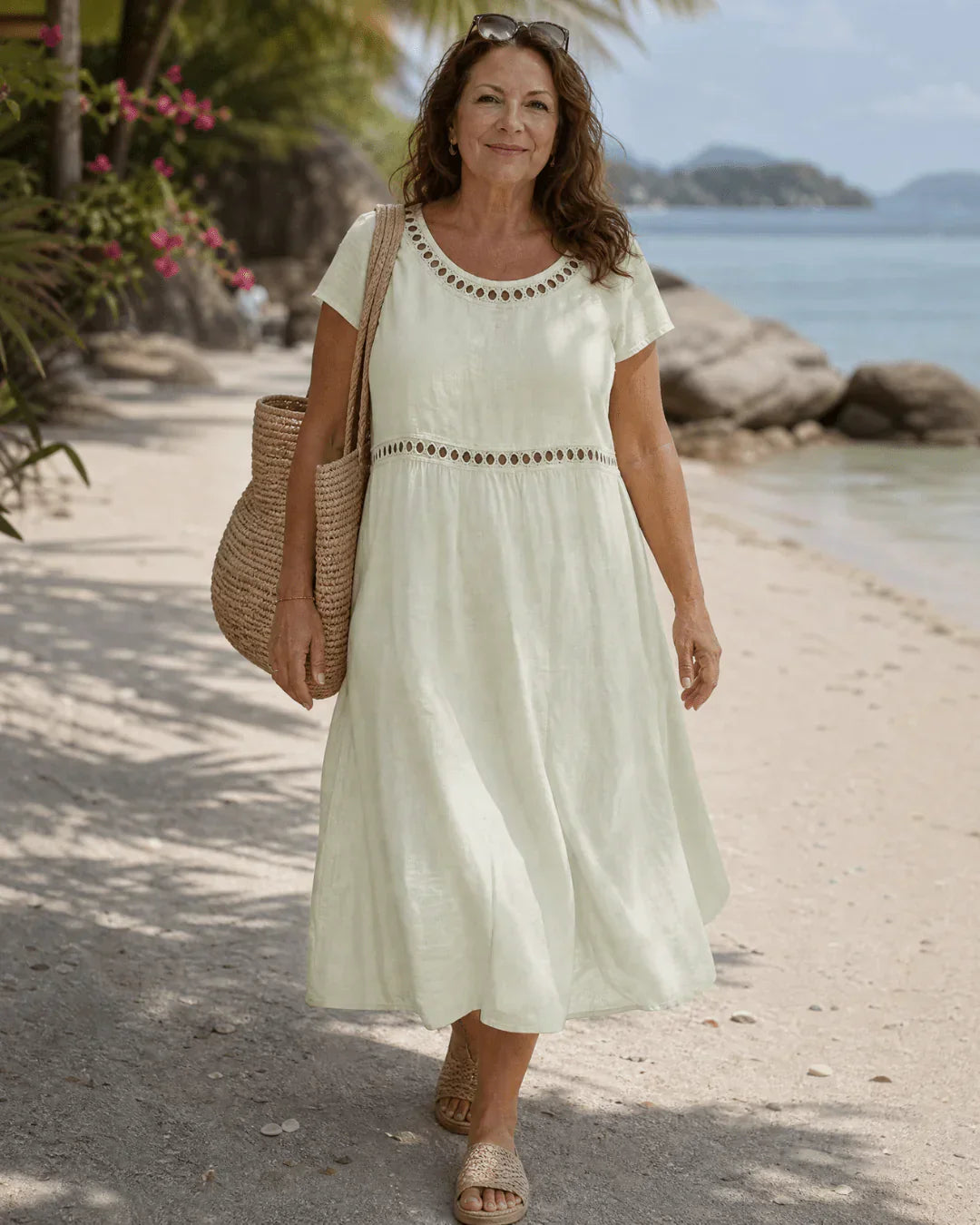Elin | Embroidered Midi Dress in Cotton and Linen