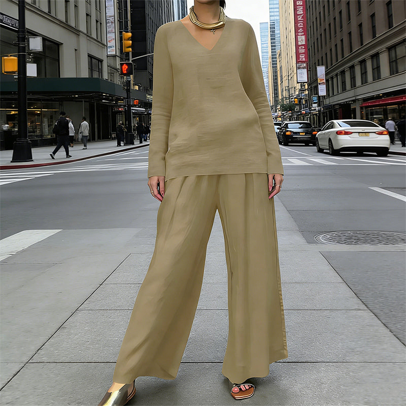 Amber | Women's V-Neck Lounge Set with Wide-Leg Pants
