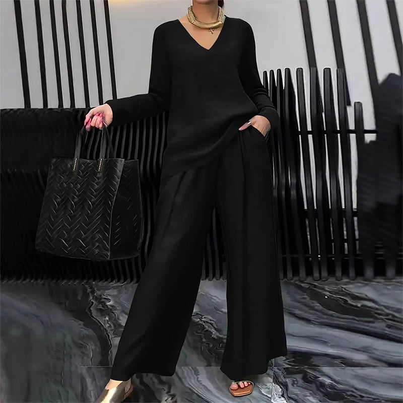 Amber | Women's V-Neck Lounge Set with Wide-Leg Pants