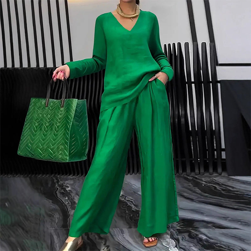 Amber | Women's V-Neck Lounge Set with Wide-Leg Pants