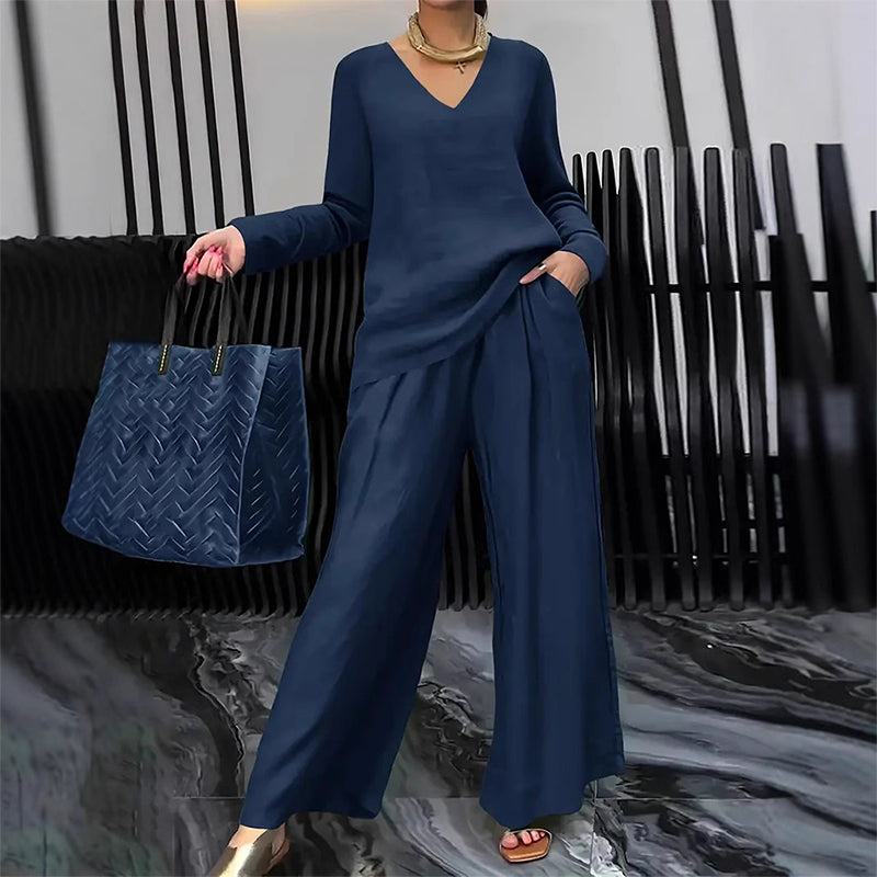 Amber | Women's V-Neck Lounge Set with Wide-Leg Pants