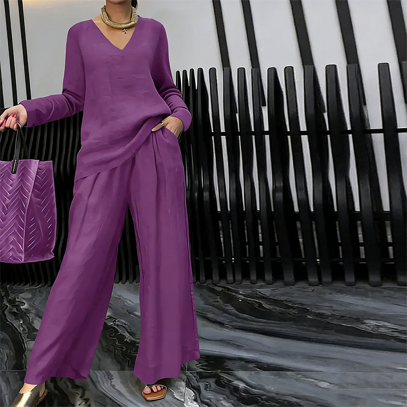 Amber | Women's V-Neck Lounge Set with Wide-Leg Pants