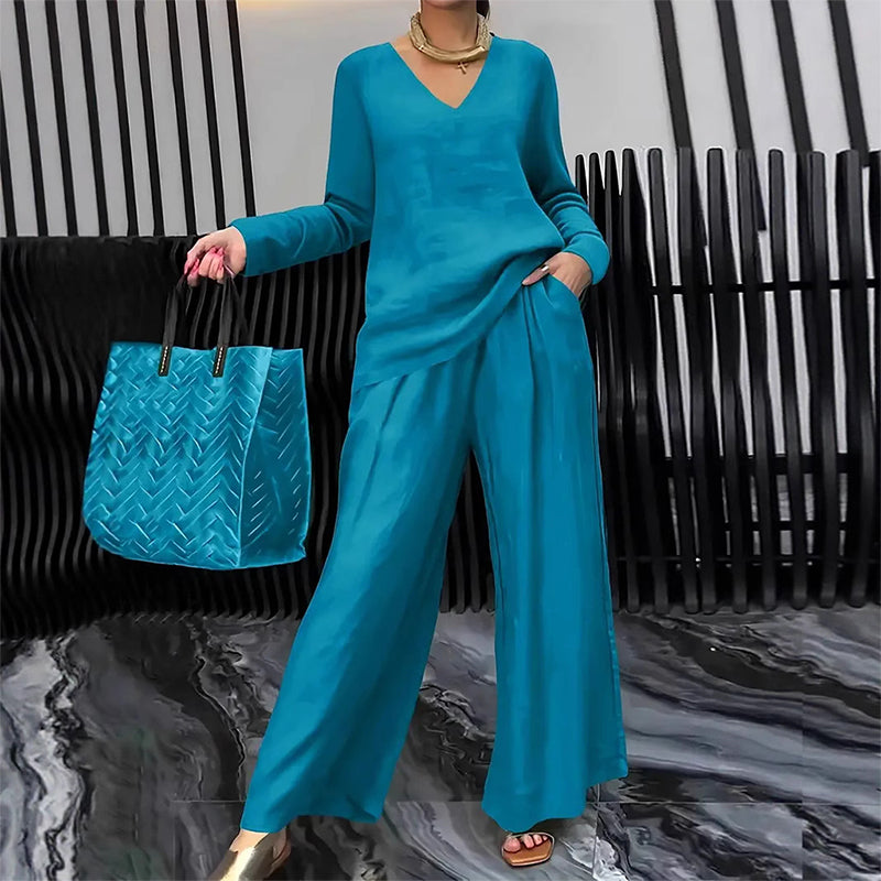 Amber | Women's V-Neck Lounge Set with Wide-Leg Pants