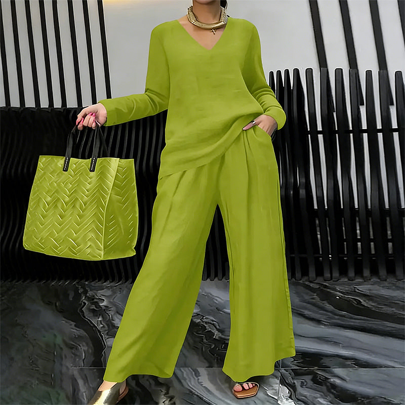 Amber | Women's V-Neck Lounge Set with Wide-Leg Pants