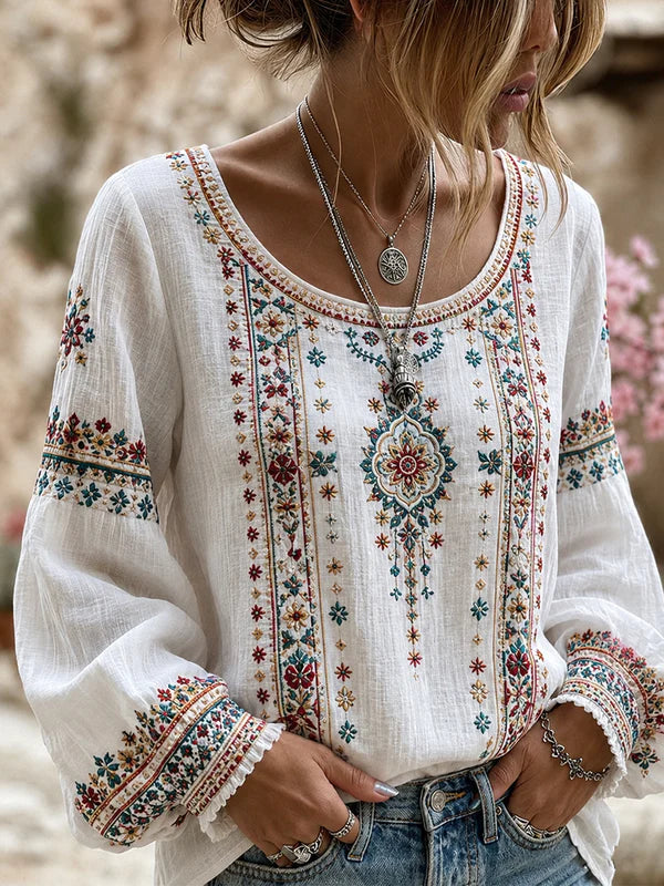 Women's Vintage Floral Art Print Casual Cotton-Linen Top