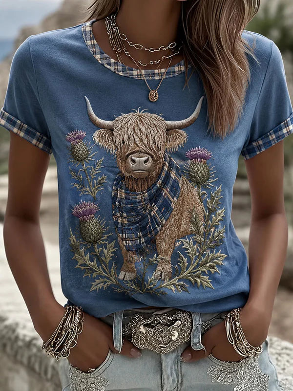 Women's Highland Denim Plaid Print T-shirt
